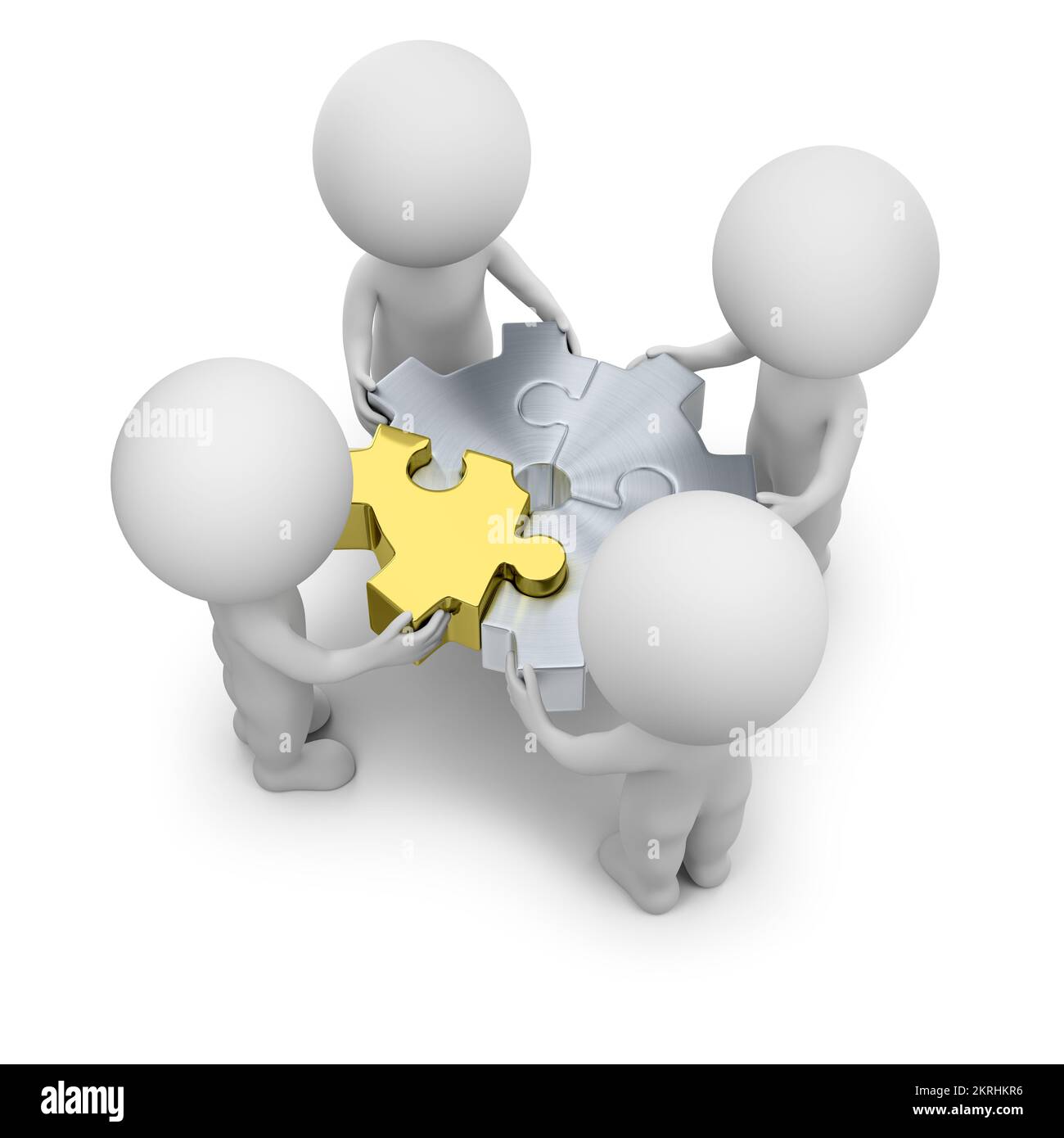 3D kleine Personen – Team mit Rätselausrüstung. 3D-Bild. Weißer Hintergrund. Stockfoto