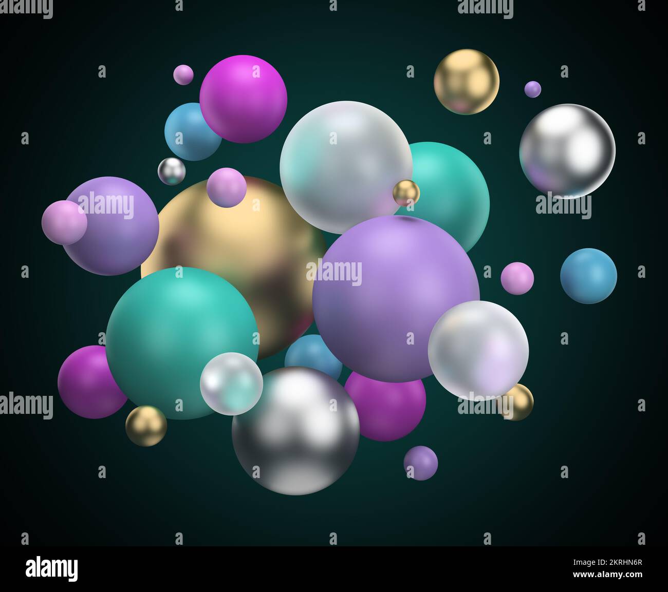 Mehrfarbige Kugeln. 3D-generiertes Bild. Dunkler Hintergrund. Stockfoto