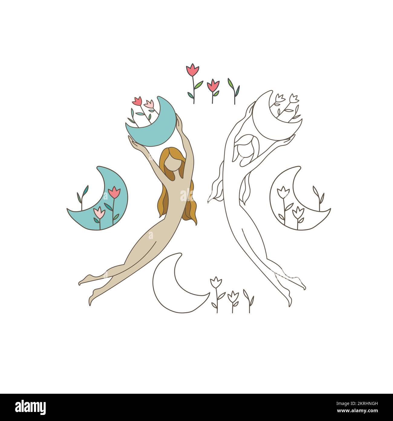 Frau mit Mond, feminine Illustration, abstrakte organische Kunstwerke, Logo-Design, von der Natur inspiriertes Logo-Design, Blumenverzierung, Blumendekoration Stock Vektor