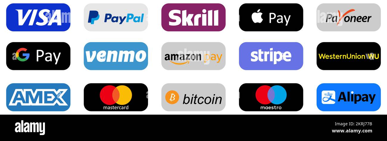 Zahlungslogo festgelegt. Online-Zahlung. Payoneer, PayPal, Mastercard, Visa, Apple Pay, Google Pay, Maestro, Skrill und Other Stock Vektor