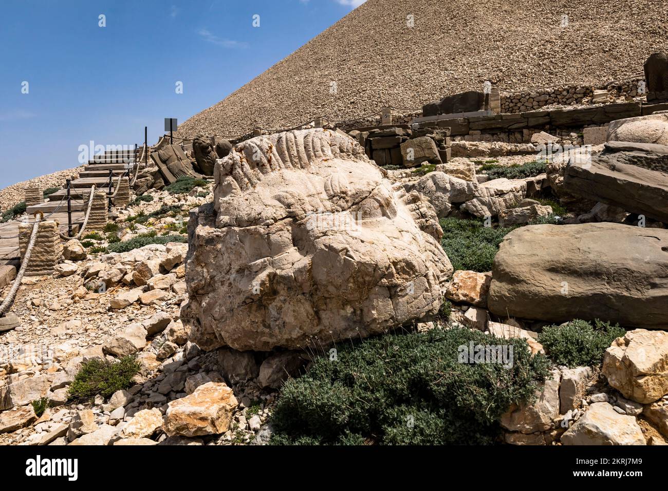 Berg Nemrut, Nemrut Dagi, Westterrasse, Löwenkopf Statue, Commagene Königreich, Kahta, Provinz Adıyaman, Türkei, Asien Stockfoto