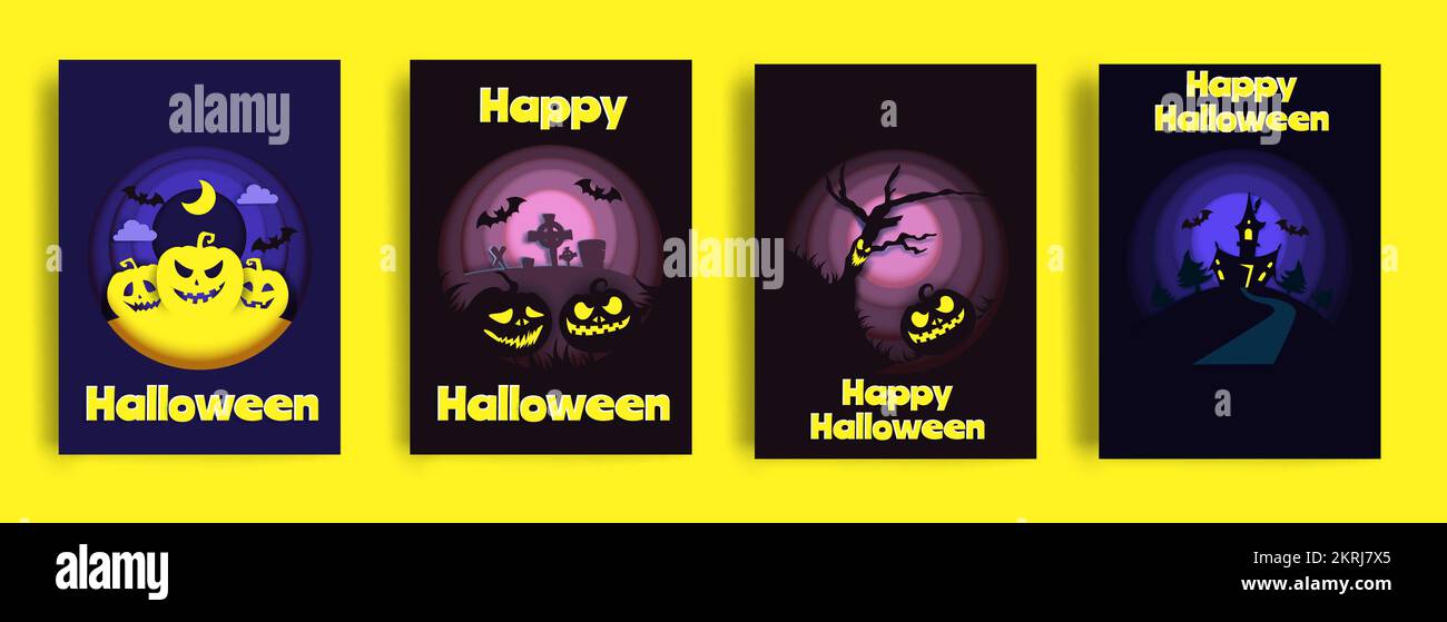 Happy Halloween-Kartenset, Vektorbild mit Papierschnitt Stock Vektor