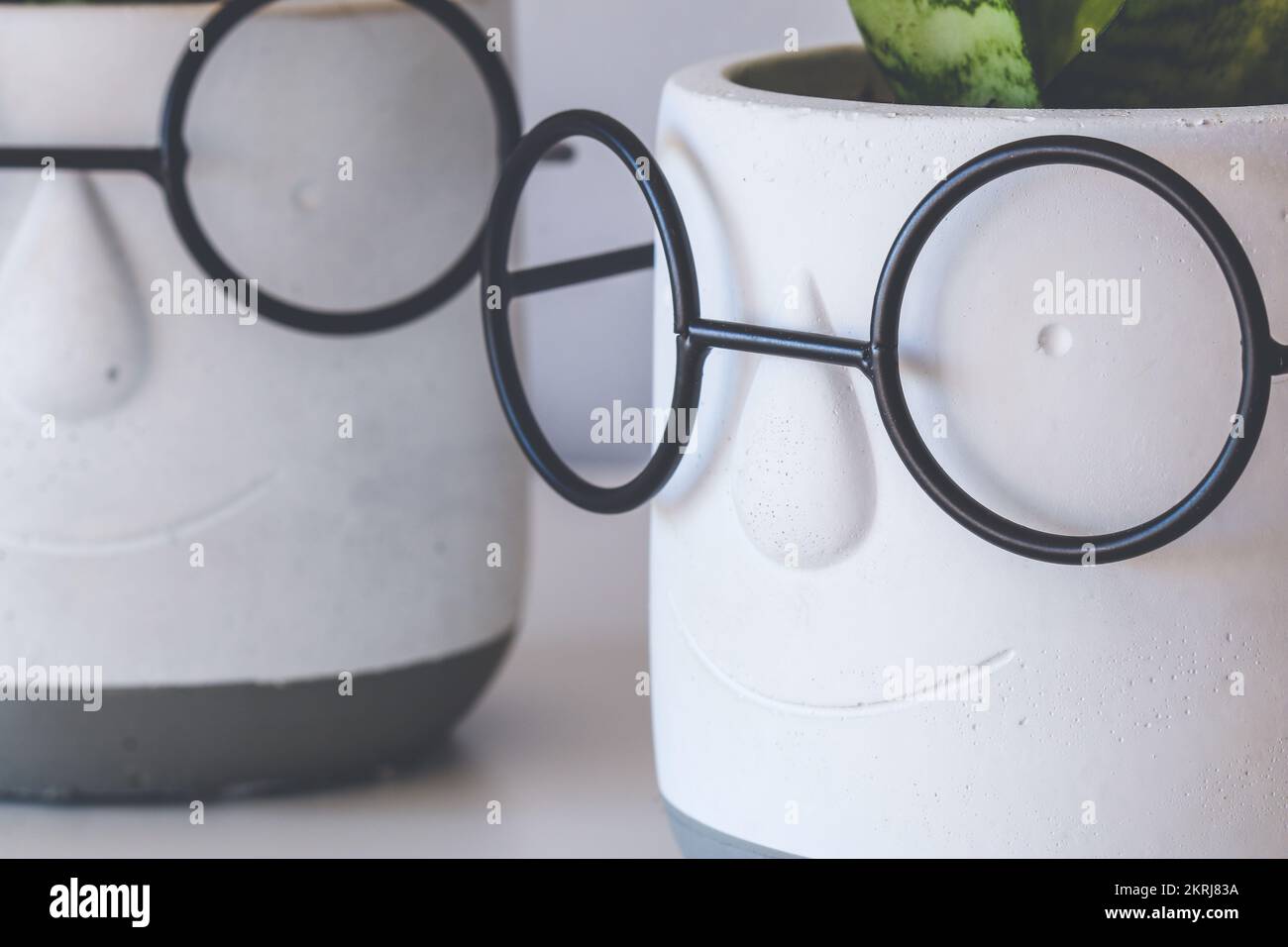Nahaufnahme zweier weißer keramischer Zierpflanzentopf, der ein Smiley-Gesicht in der Brille darstellt Stockfoto