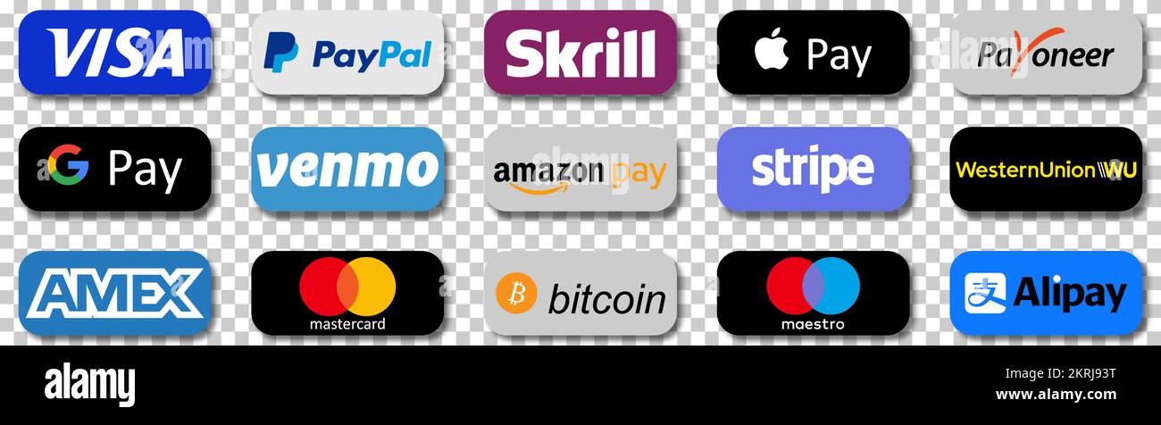 Zahlungslogos eingerichtet. Online-Zahlung. Payoneer, PayPal, Mastercard, Visa, Apple Pay und andere. Vektordarstellung auf transparentem Hintergrund isoliert Stock Vektor