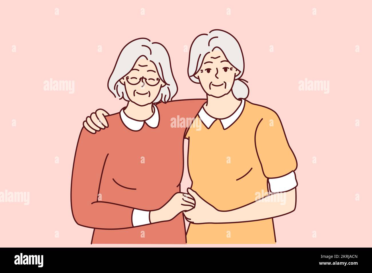 Porträt von lächelnden älteren weiblichen Freundinnen, die sich umarmen und lang anhaltende Freundschaft zeigen. Glückliche ältere Großmütter begrüßen Einheit und Fürsorge. Vektordarstellung. Stock Vektor