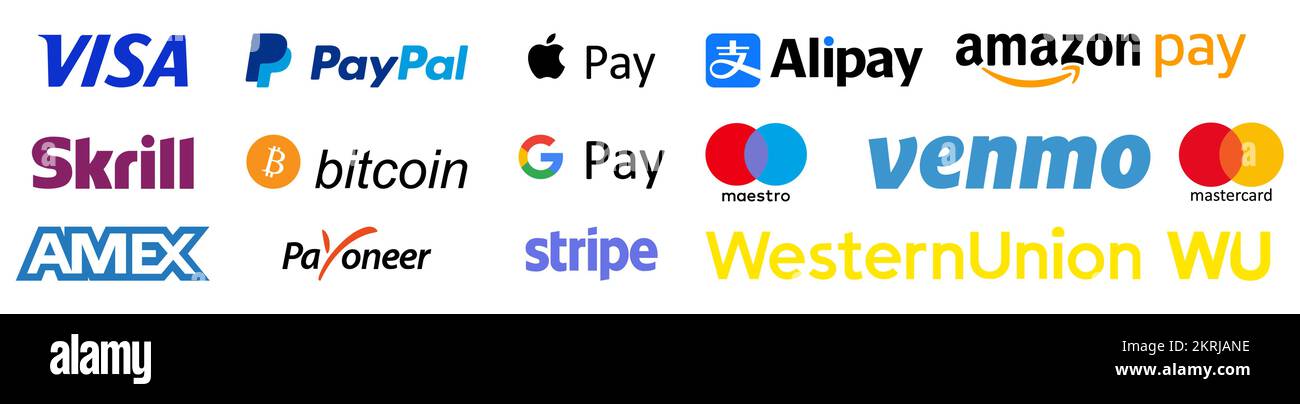 Logo für beliebte Zahlungssysteme. Online-Zahlung. Payoneer, PayPal, Mastercard, Visa, Apple Pay, Google Pay, Maestro, Skrill, Stripe, Amazon Pay und Stock Vektor