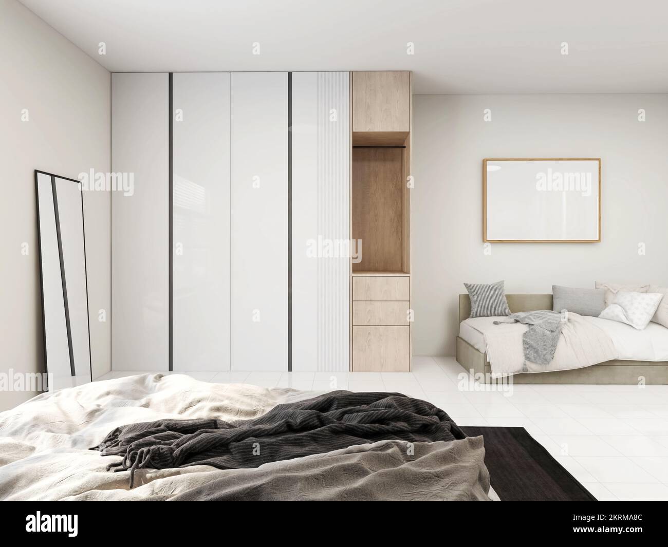 Komfortables Bett neben Kleiderschrank und Sofa mit hellem Boden; 3D; 3D Illustration Stockfoto