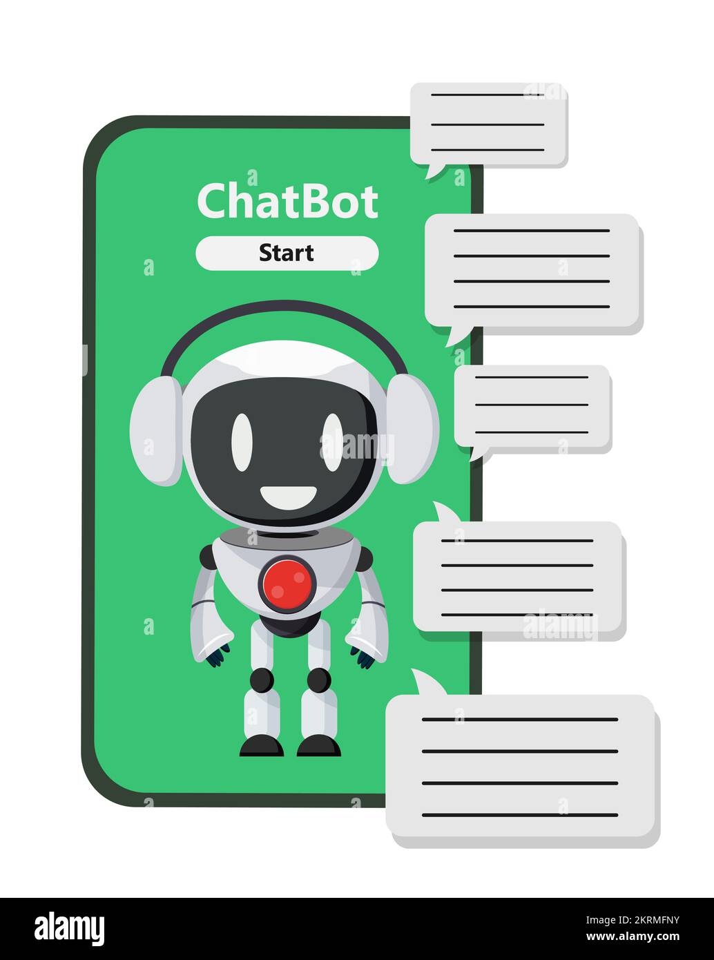Zeichenvektordesign des Roboter-Chatbots. Chatten Sie bot-Apps mit KI-Technologie und Sprechblasen für automatisierte Fragen und Antworten. Vektordarstellung. Stock Vektor