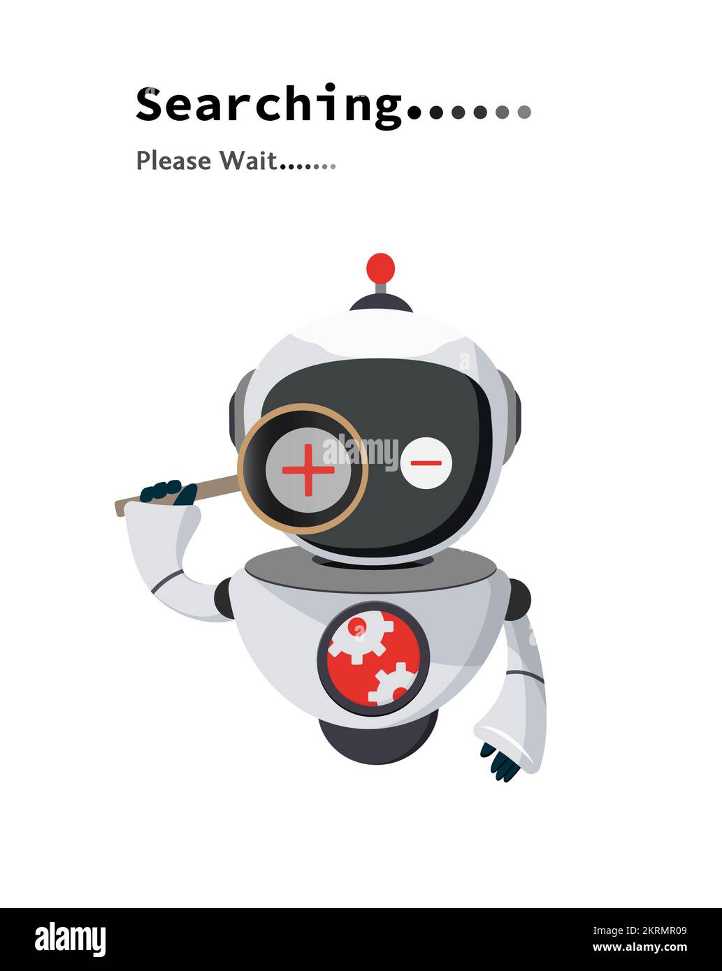 Zeichendesign des Suchvektors für Roboter. Suchmaschinendaten-Informationssystem mit Hilfe des AI-Technologienetzwerks. Vektordarstellung. Stock Vektor