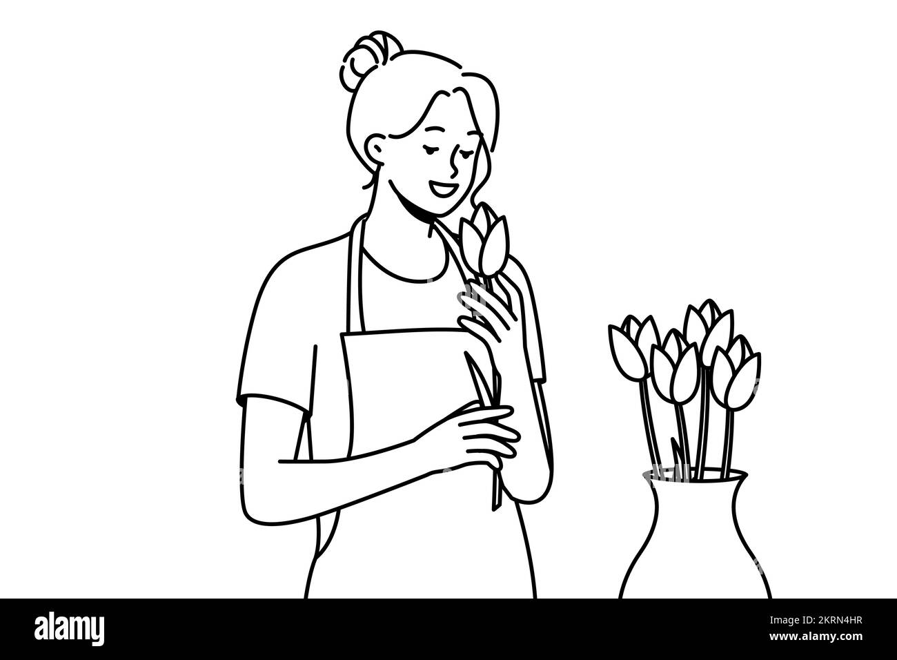 Lächelnde Frau auf der Schürze mit Blumen im Laden. Glückliche weibliche Floristin, die mit Rosen Komposition im Blumengeschäft arbeitet. Vektorgrafik. Stock Vektor