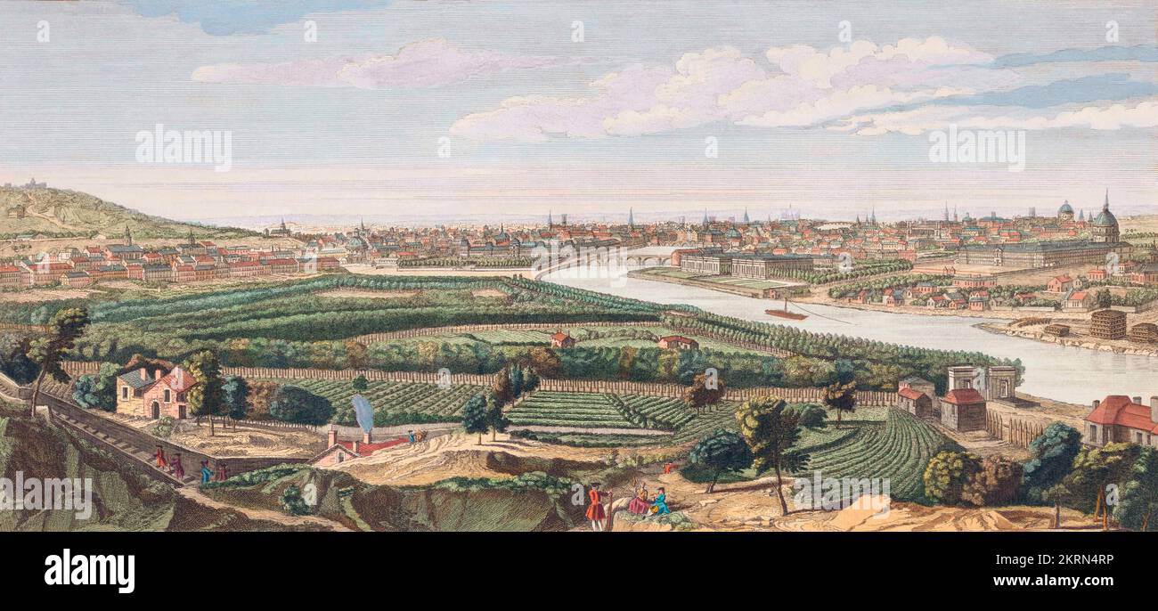 Allgemeiner Blick auf die Stadt Paris aus einer Eminenz im Dorf Chaillot, 1749. Nach einem Abdruck von Nathaniel Parr Stockfoto