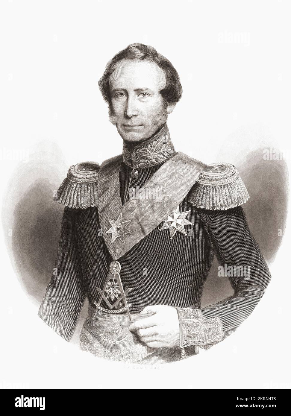 Prinz Frederick von den Niederlanden, 1797-1881. Er trägt sein Abzeichen als Großmeister der Freimaurer im Jahr 1817. Er wurde 1816 zum Großmeister des Ordens der Freimaurer ernannt und bekleidete die Position bis 1881. Nach einem Aufdruck aus dem 19.. Jahrhundert. Stockfoto