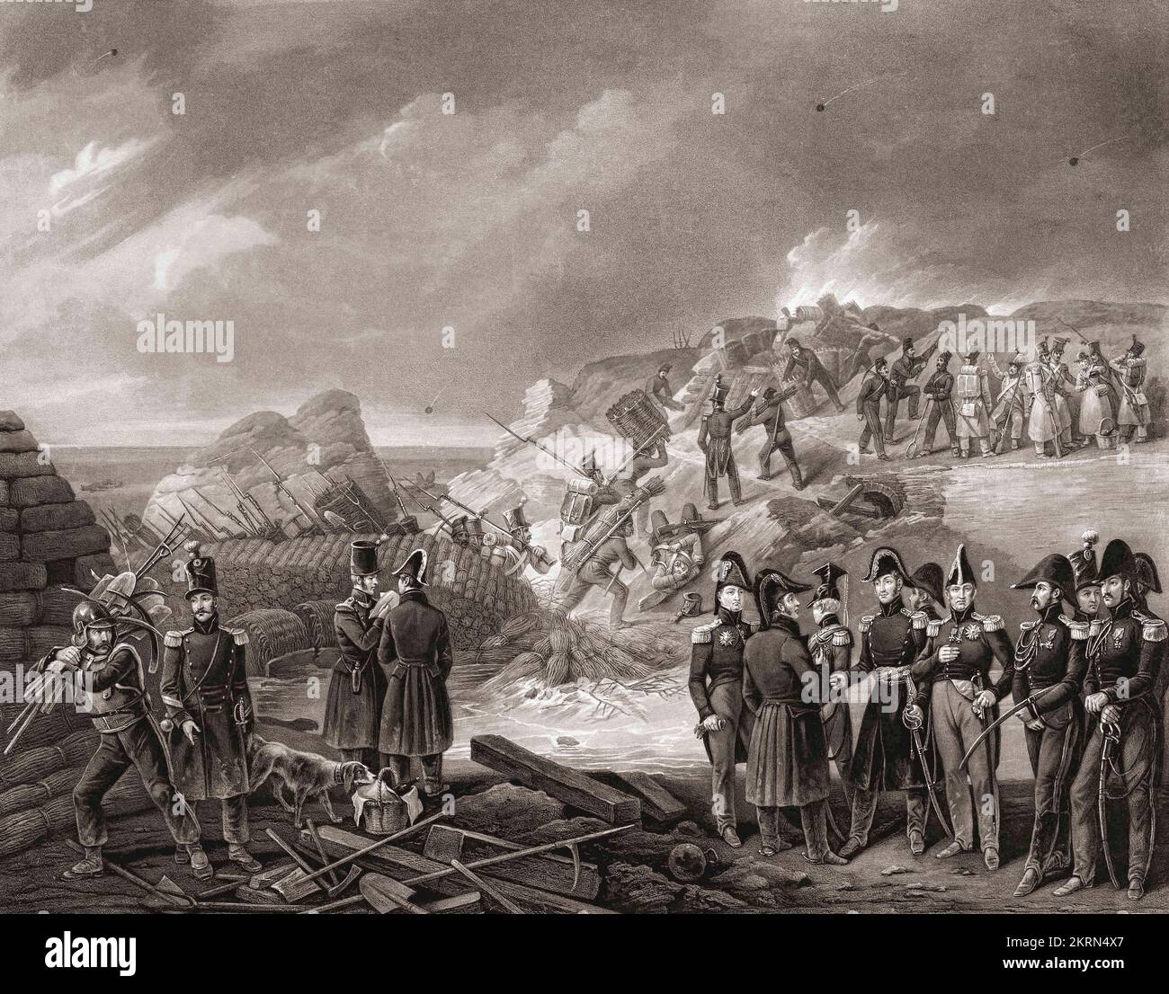 Die Belagerung von Antwerpen, 1832. Die französischen Grenadierkommandanten diskutieren Pläne, nachdem sie die Saint Laurent Lunette gefangen haben. Aus einem Aufdruck aus dem 19.. Jahrhundert von Jean Pierre Marie Jazet nach einem Gemälde von Pelletier. Stockfoto