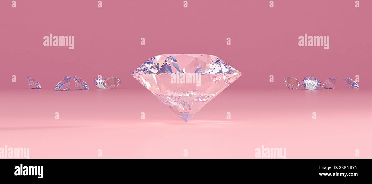 Klassisch geschnittene Diamanten und pinkfarbener Hintergrund. 3D-Rendern Stockfoto