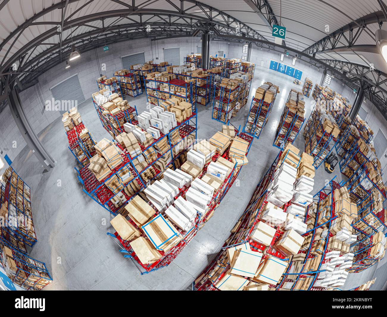 Blick aus der Fischperspektive auf das Innere eines Industrielagers. 3D-Rendern Stockfoto