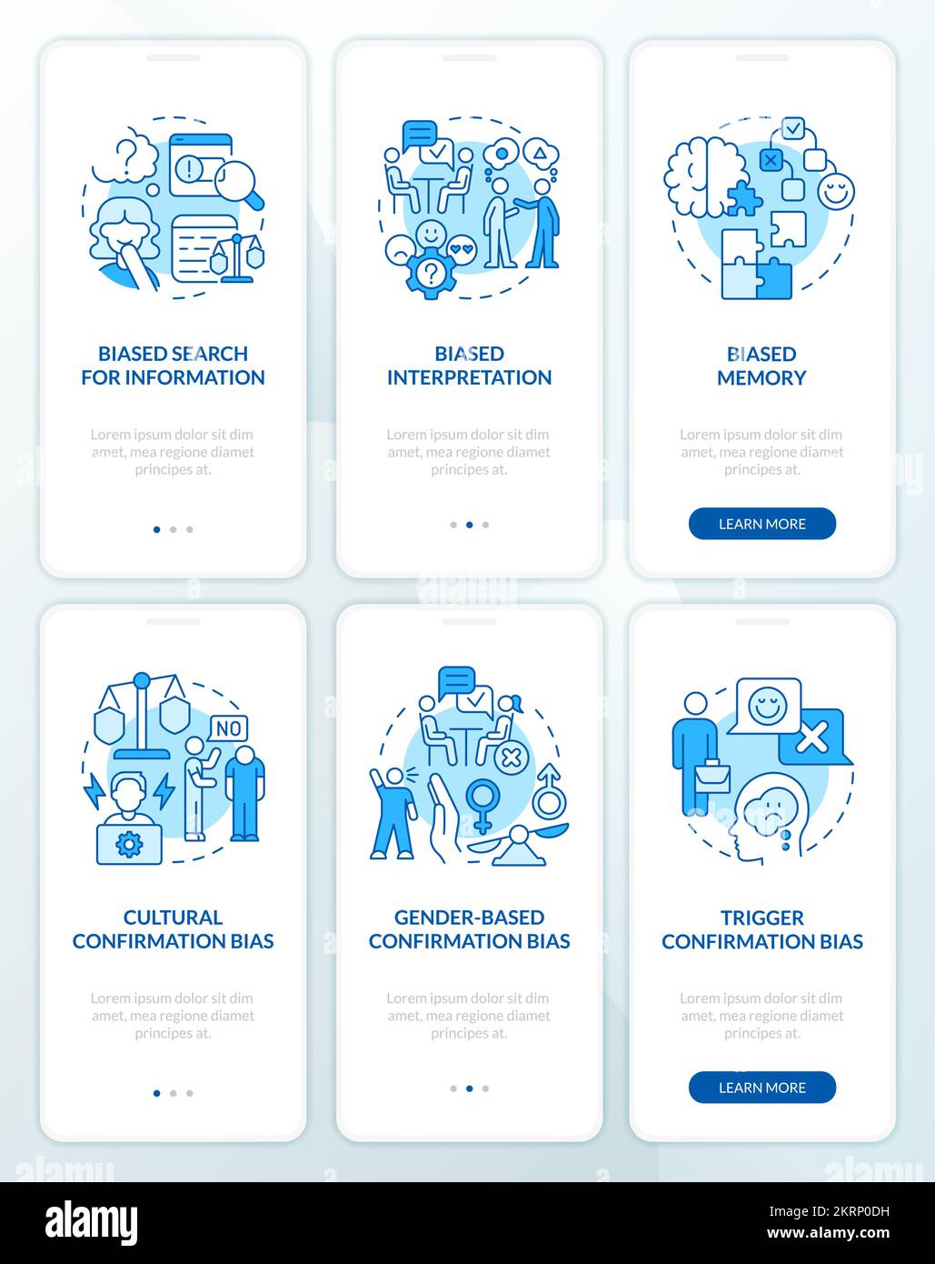 Kognitive Vorurteile in psychologisch-blauem Onboarding von mobilen App-Bildschirmen Stock Vektor