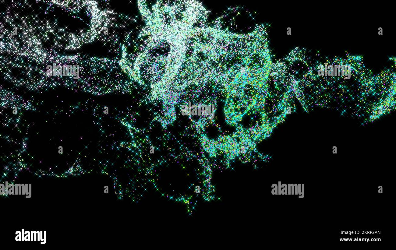 3D-Rendering der turbulenten Masse leuchtender, farbenfroher Partikel auf schwarzem Hintergrund Stockfoto