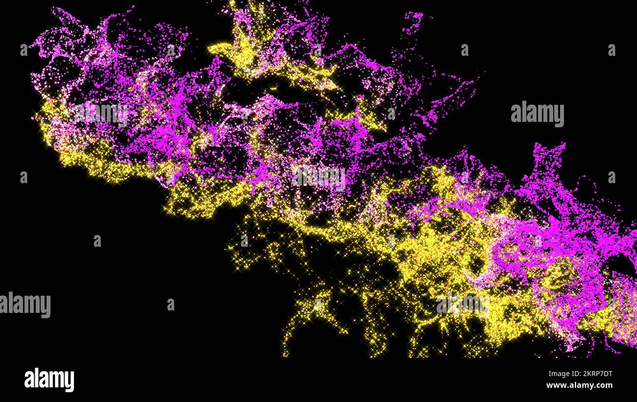 3D-Rendering der turbulenten Masse leuchtender, farbenfroher Partikel auf schwarzem Hintergrund Stockfoto