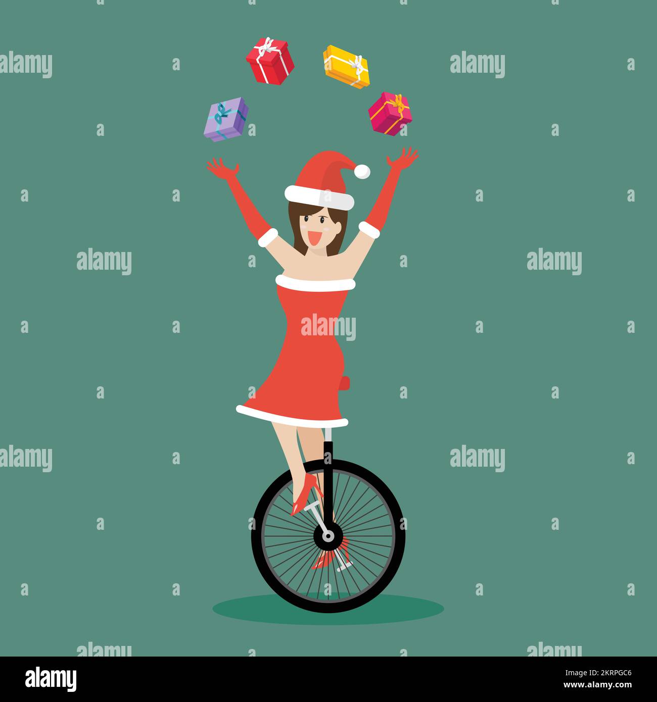 Weihnachtsmann-Mädchen jongliert Geschenkschachteln auf dem Einrad. Frohe Weihnachten. vektordarstellung Stock Vektor