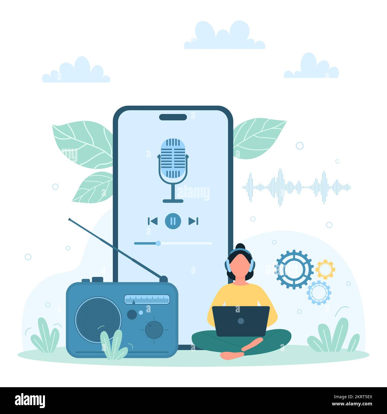Tonaufnahme mit Vektordarstellung der mobilen App. Ein Zeichentrickfilm, der eine intelligente Sprachassistent-Software mit Mikrofontaste auf dem Telefonbildschirm verwendet, um Schallwellen, Gesang und Sprachbefehle aufzuzeichnen Stock Vektor