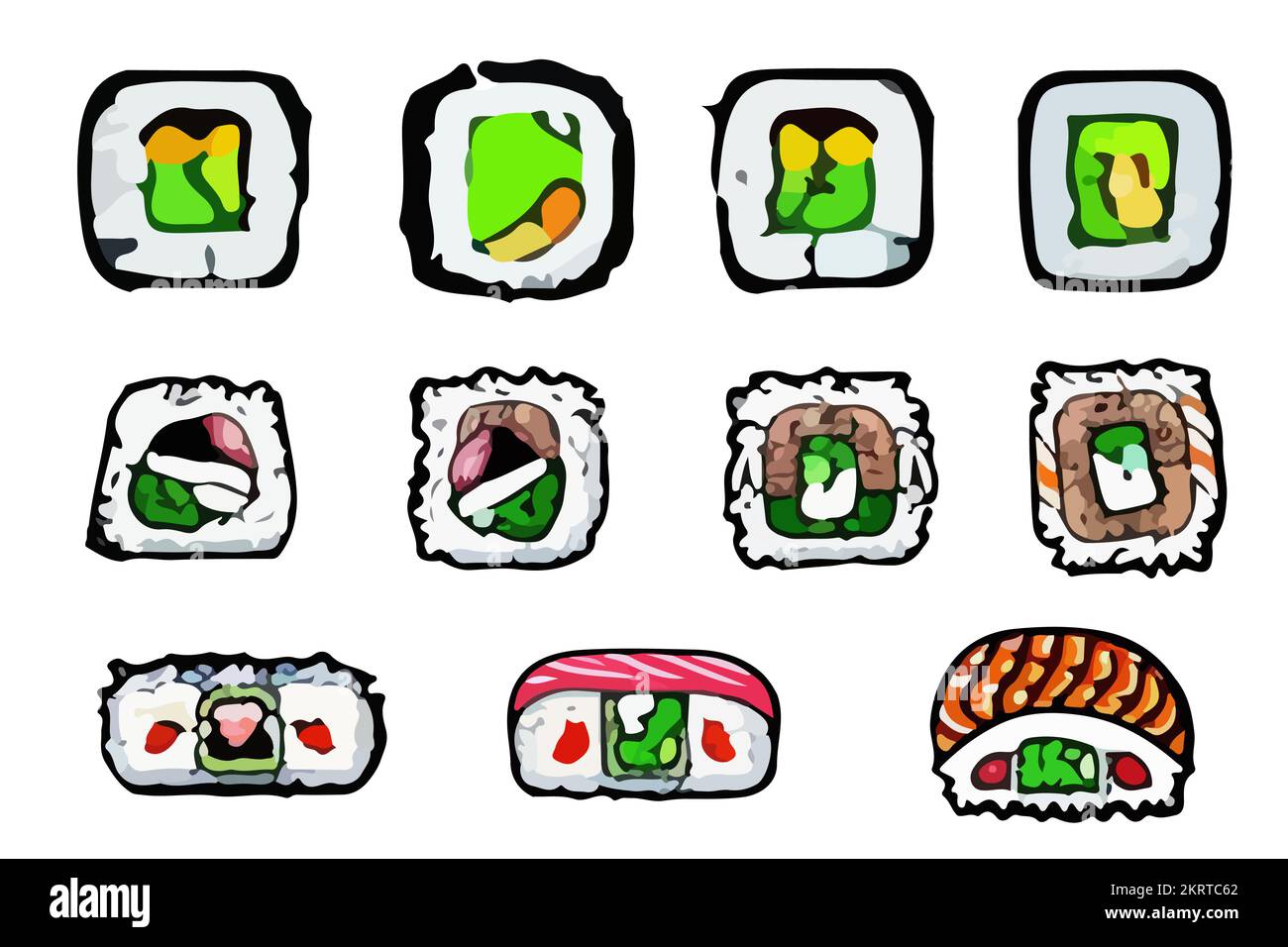 Vector-Sushi-Set. Brötchen, Gunkan, Temaki und inari. Tolle Auswahl verschiedener Sushi-Arten, isoliert auf weißem Hintergrund. Stock Vektor
