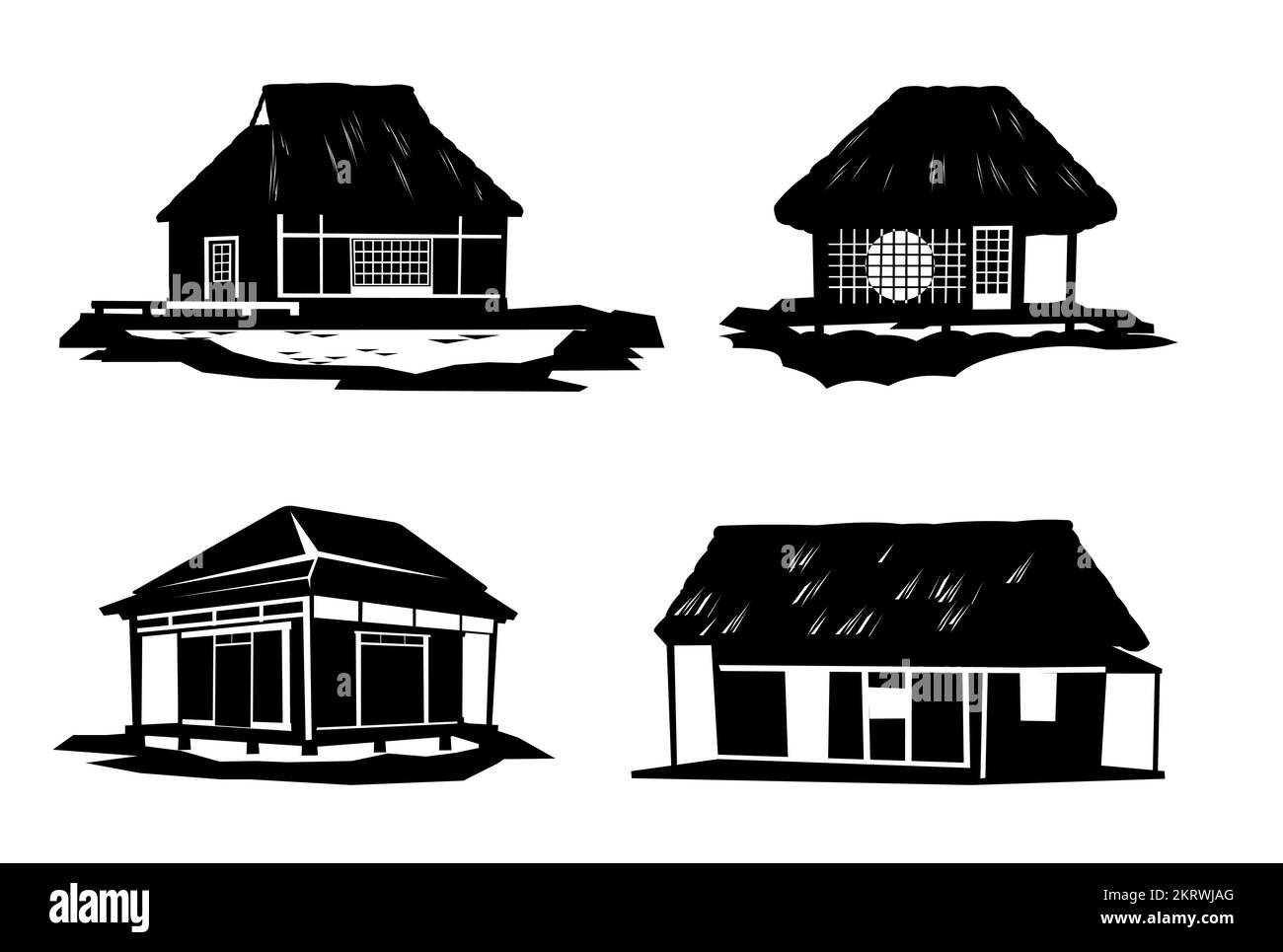 Silhouettendesign. Traditionelles japanisches Haus. Ländliches Wohnhaus mit Strohdach. Darstellungsvektor Stock Vektor