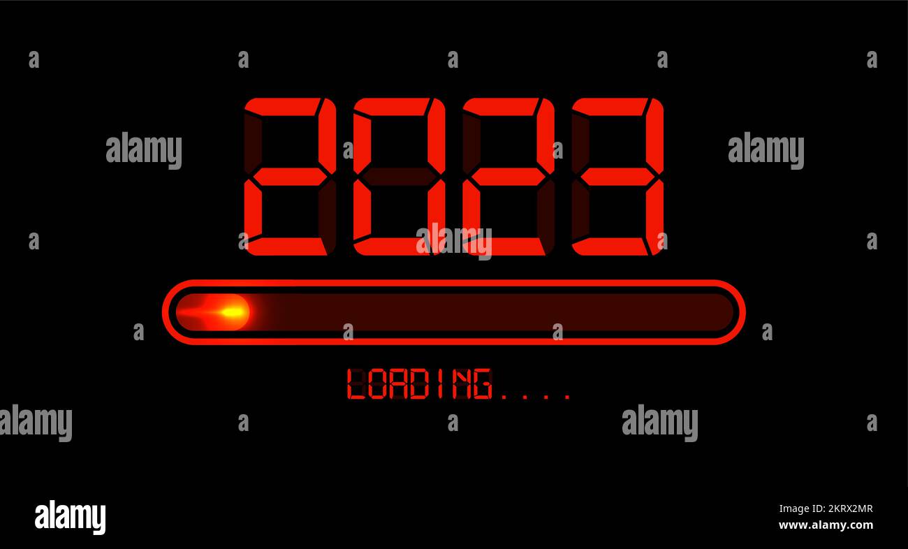 Laden auf bis zu 2023 Frohes neues Jahr. Rotes LED-Neon im digitalen Zeitformat. Die Fortschrittsleiste erreicht fast Silvester. Vektordarstellung mit Anzeige 2023 Stock Vektor