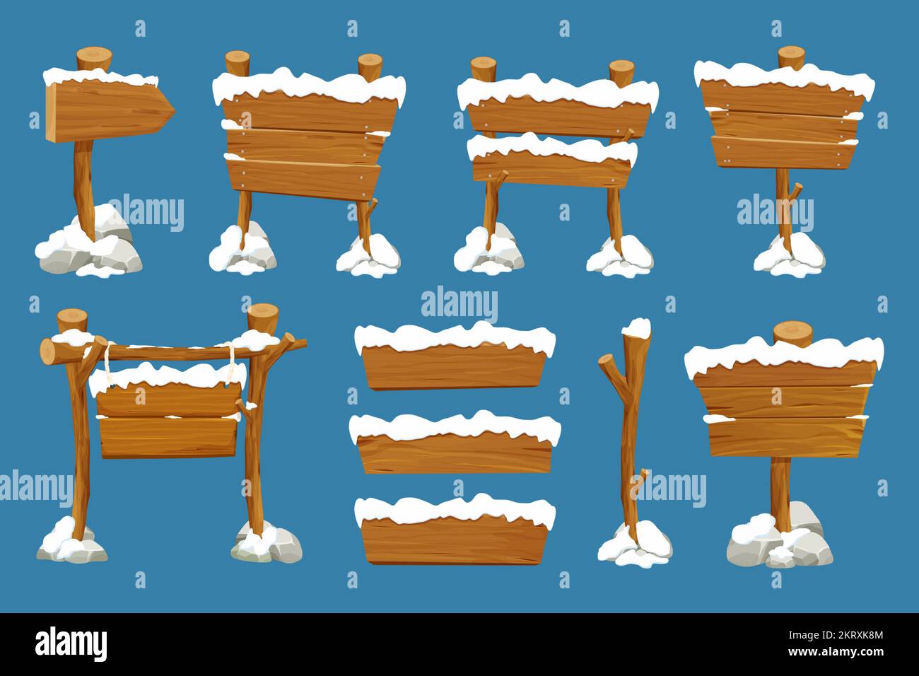 Set alten Holzrohling, Schild mit Schnee im Cartoon-Stil.Leere Rahmen, Richtungsbalken isoliert auf blauem Hintergrund. Saisondekoration. Vektorgrafik Stock Vektor