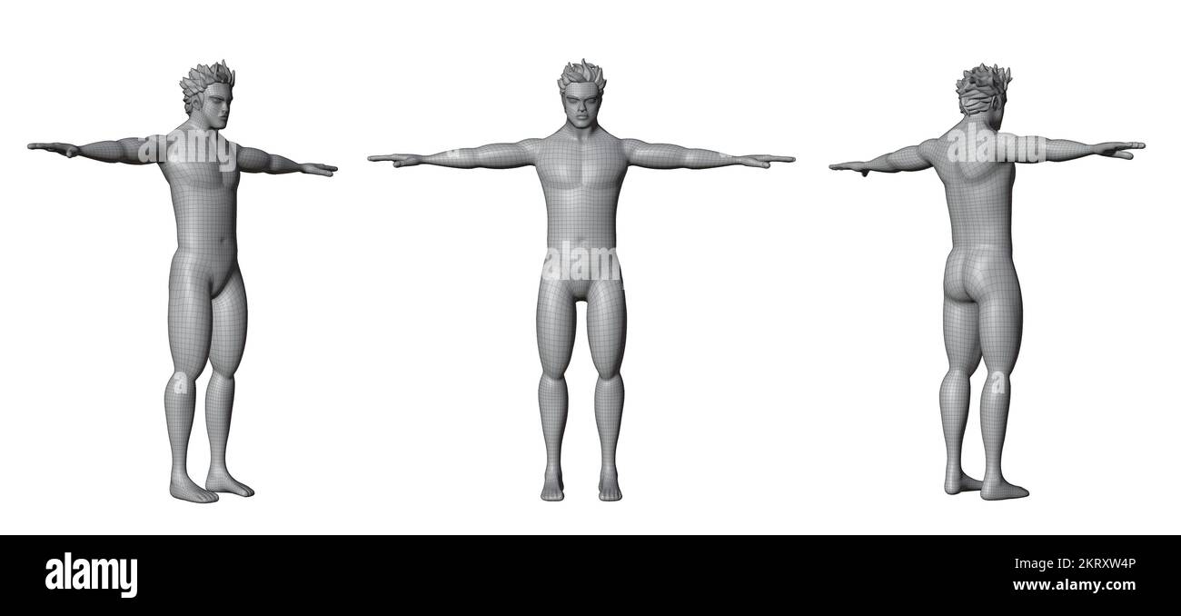 Drahtrahmen menschlicher Ganzkörper isoliert auf weißem Hintergrund. Vieleckiges Technologiedesign. Vorderansicht, Rückansicht, Seitenansicht. Fertig. Stockfoto