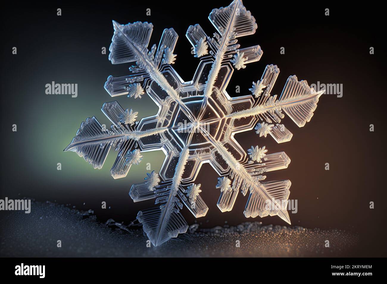 Die Nahaufnahme einer Schneeflocke auf schwarzem Hintergrund zeigt das Winterwetter. 3D Abbildung. Stockfoto