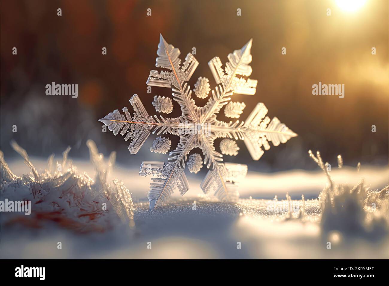 Eine extreme Nahaufnahme einer Schneeflocke in einer verschneiten Winterumgebung bei Sonnenuntergang ist abgebildet. Weihnachtszeit mit 3D-Hintergrund. Stockfoto