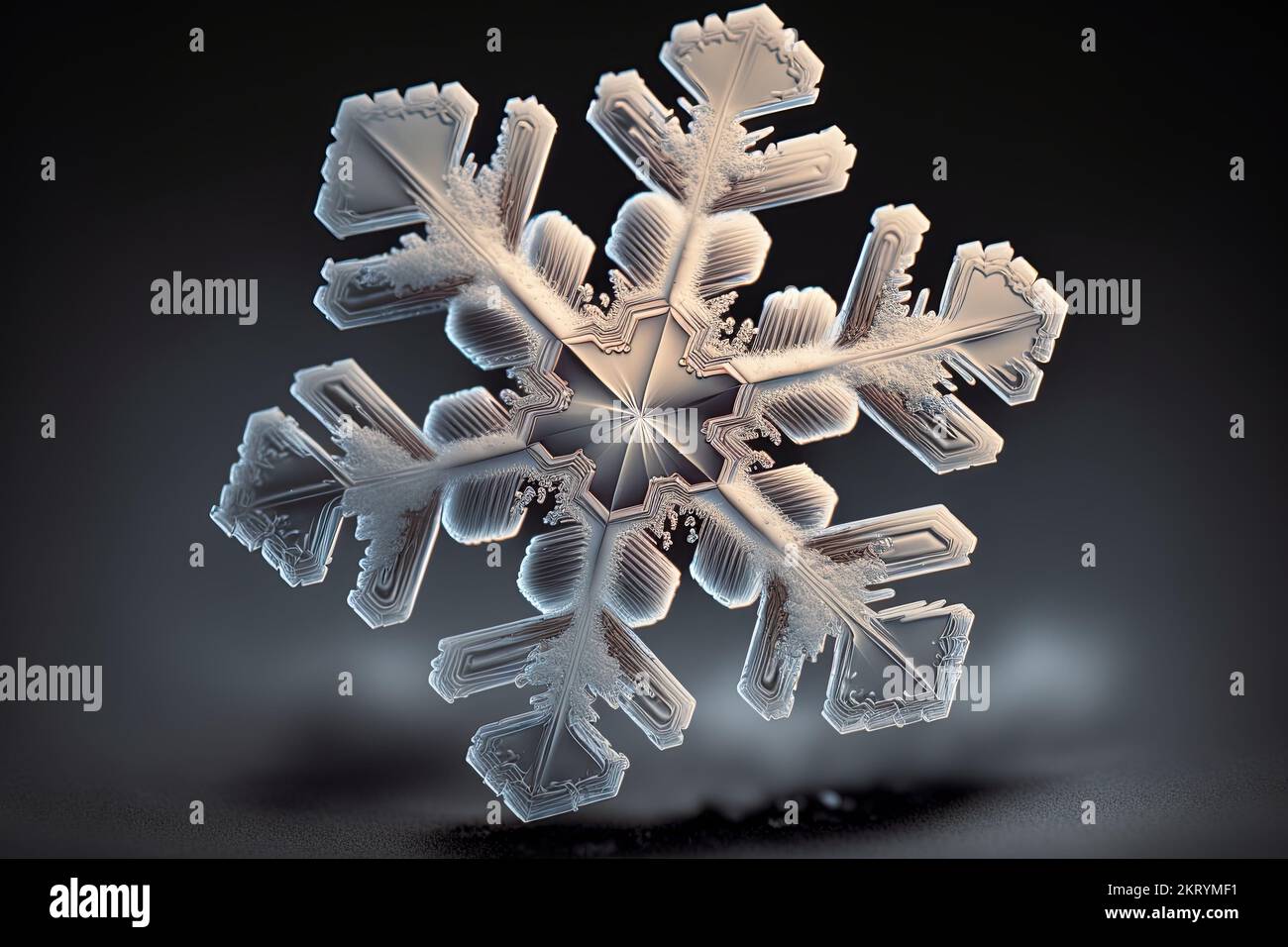 Extreme Nahaufnahme einer Schneeflocke bei Schneewetter im Winter isoliert auf schwarzem Hintergrund. 3D Abbildung. Stockfoto
