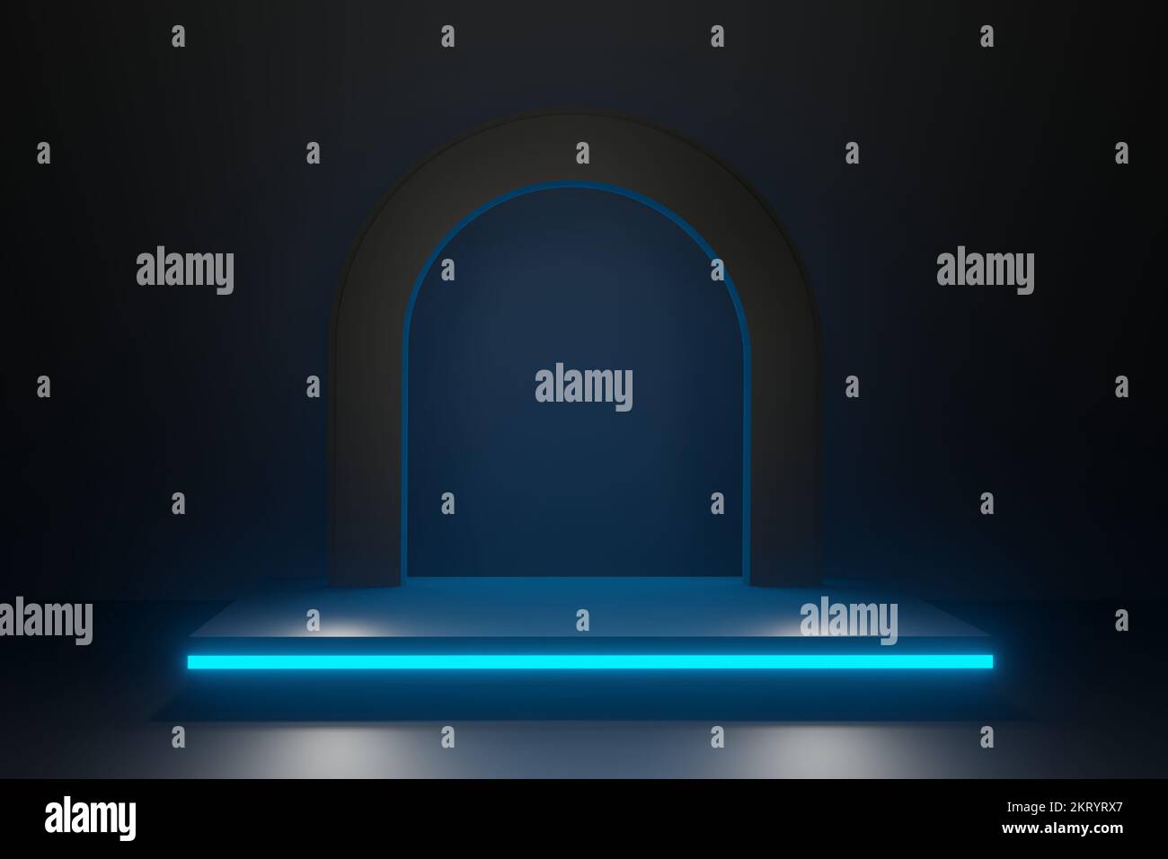 Schwarzer Bogen und blaue Lichter mit Bühne, leeres Podium mit Kopierbereich 3D-Rendering. Stockfoto
