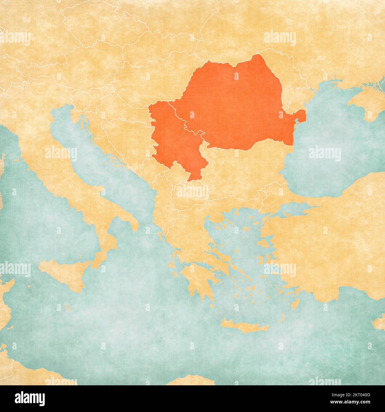 Rumänien und Serbiaon die Karte des Balkans in sanftem Grunge- und Vintage-Stil, wie altes Papier mit Aquarellmalerei. Stockfoto