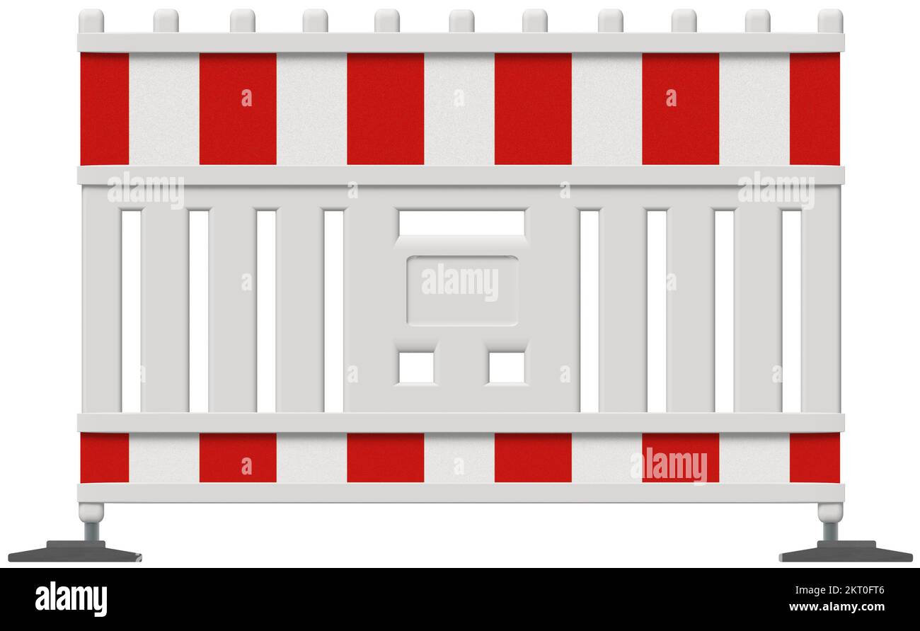 Absperrzaun mit weißen und roten Warnschildern 3D, isoliert Stockfoto