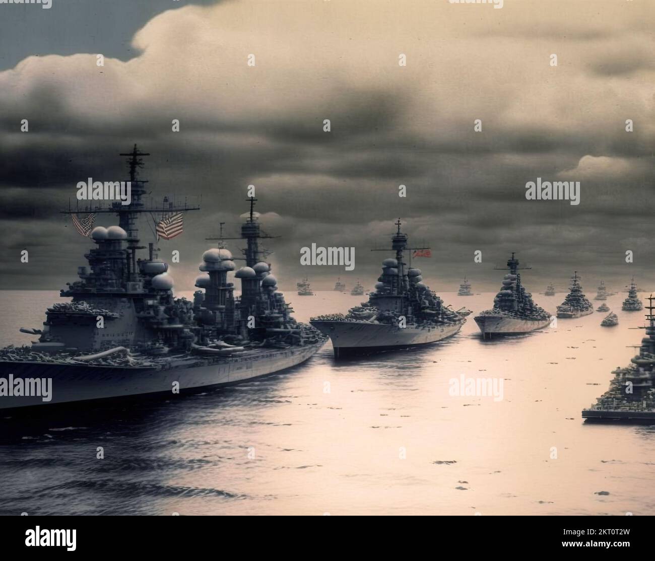 Eine alte schwarz-weiße 3D-Darstellung einer Seeschlacht zwischen Trägern und Kriegsschiffen mit amerikanischer Flagge aus dem Weltkrieg aus dem Jahr 2.. Alte amerikanische Marine-Armee-Flotte Stockfoto