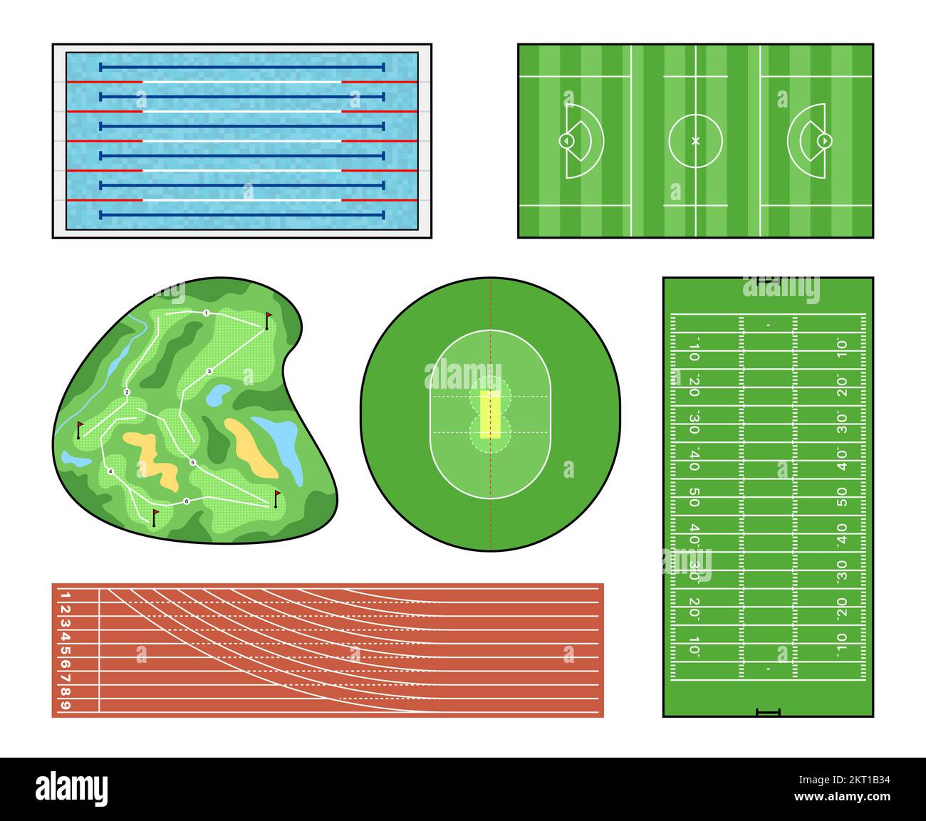 Stadion- und Billardbahnen, Golf, Cricket, american Football, Lacrosse-Sportplätze, Feld und Platz. Sportarena, Stadion der Meisterschaftsteams, Spielplatz, Grundriss der Rasenlinien, Hintergrund Stock Vektor