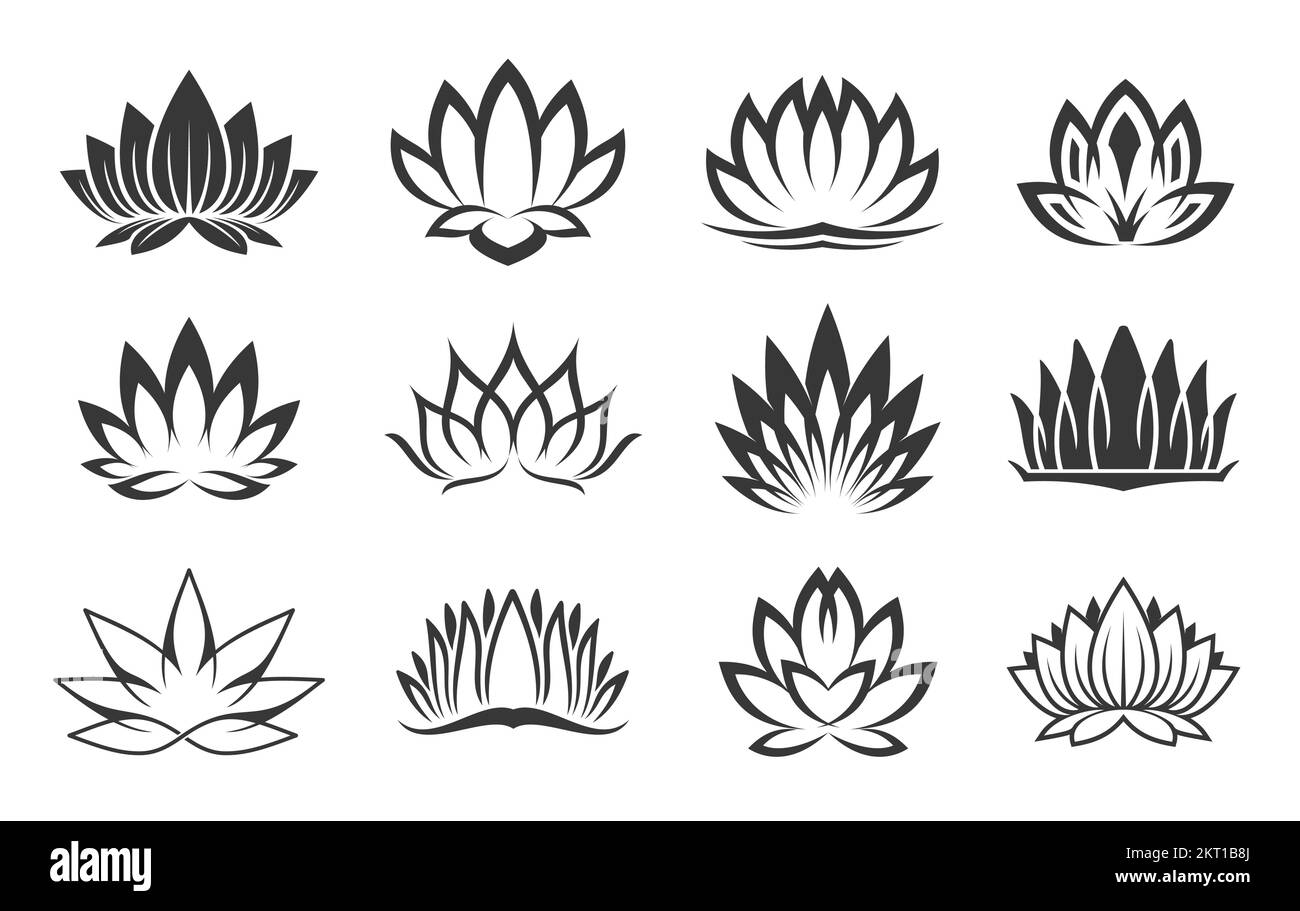 Lotussymbole, Spa und orientalische Blume für Ayurveda-Meditation oder Buddhismus, Vektorsymbole. Lotus Blütenblätter für Zen Ruhe, kosmetische Hautpflege, Schönheit und orientalische Entspannungsornamente Stock Vektor