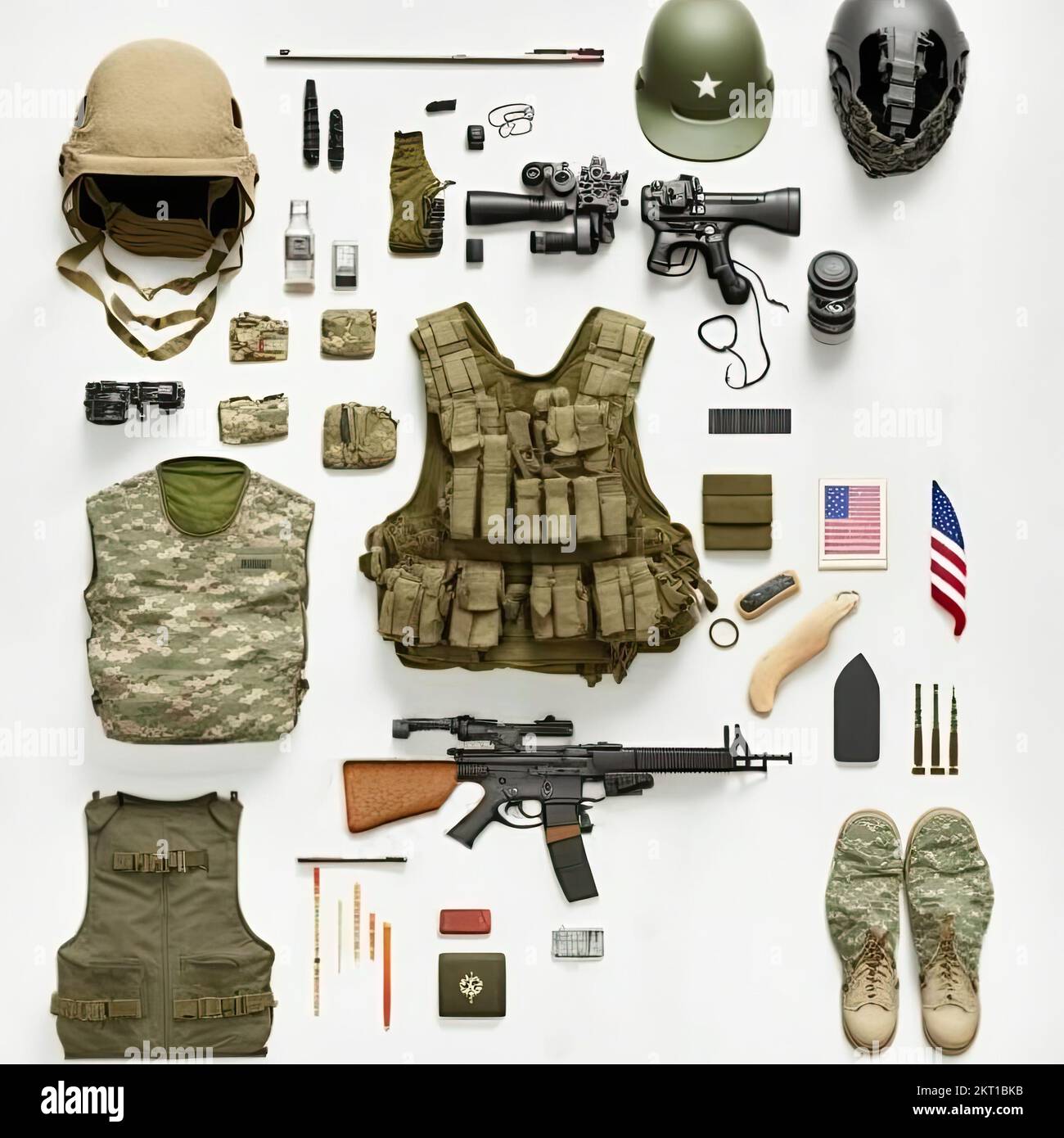 Knurrendes, flach liegendes Bild von amerikanischer Soldatenausrüstung mit Uniform und Helm. Waffen mit Suchern, kugelsichere Weste, Munitionsmagazie Stockfoto