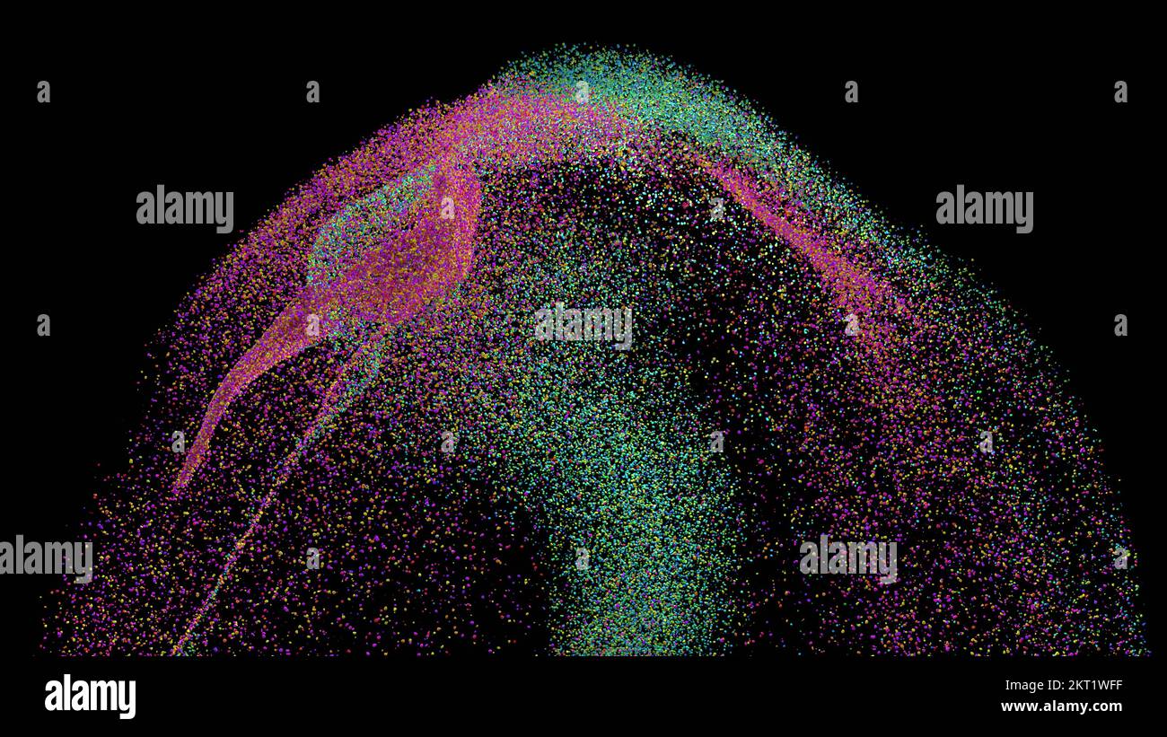 3D-Rendering der turbulenten Masse leuchtender, farbenfroher Partikel auf schwarzem Hintergrund Stockfoto