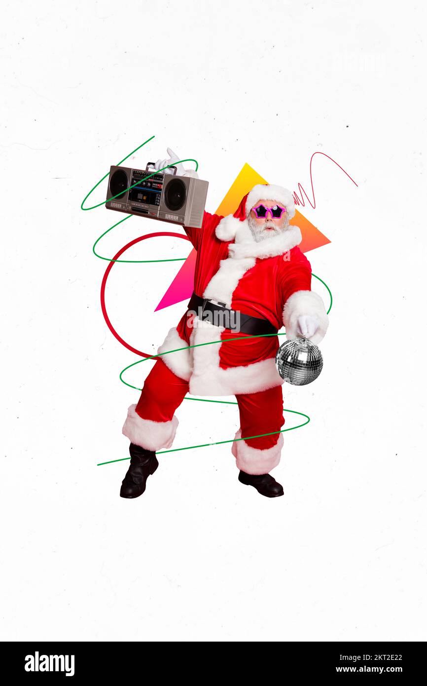 Kreative Banner-Collage des verrückten weihnachtsanimators santa claus veranstaltet eine Discoball-Boom-Box zu einem festlichen Anlass Stockfoto