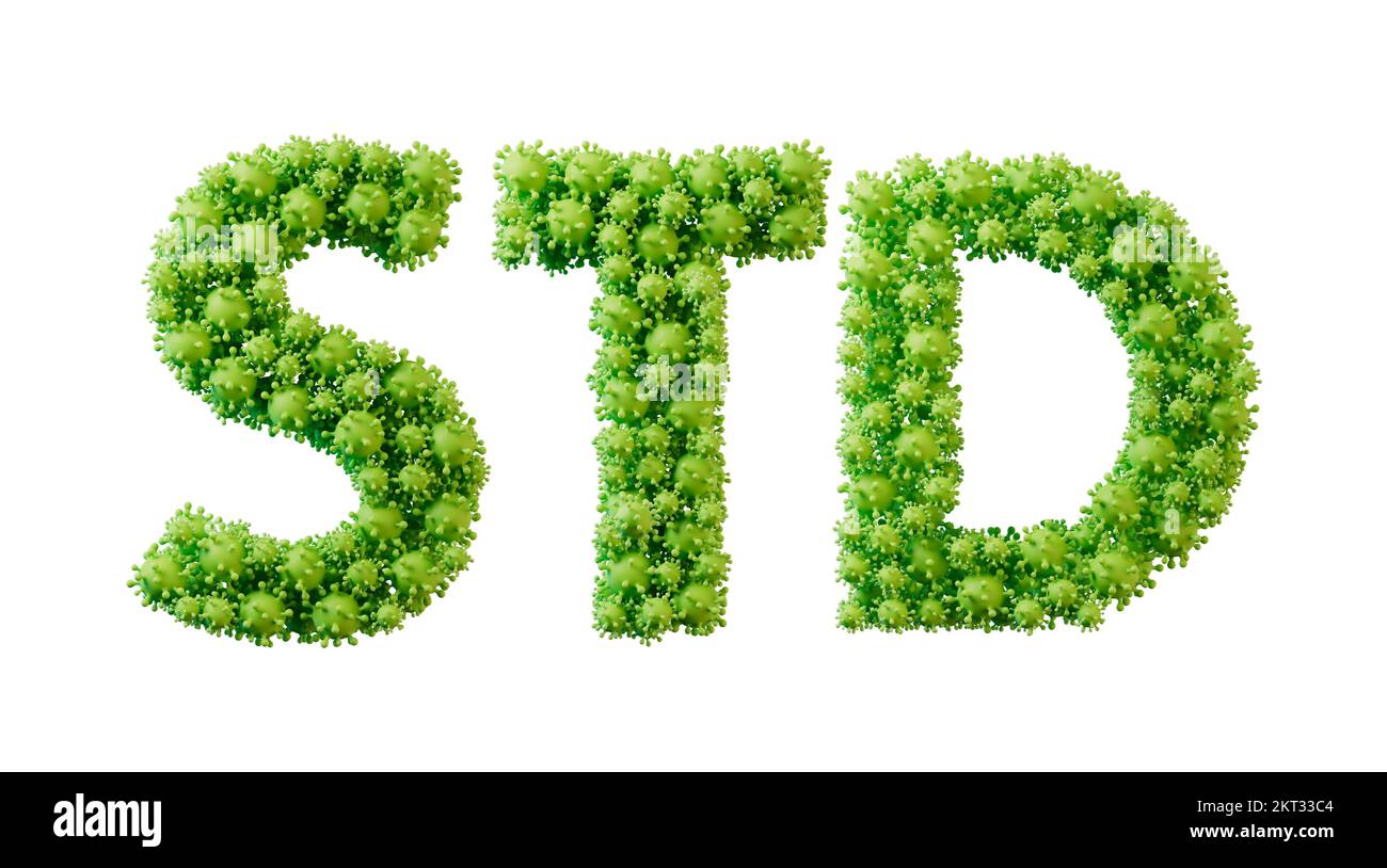 Std-Wort aus grüner Bakterienzellmolekül-Schrift. Gesundheit und Wohlbefinden. 3D-Rendering Stockfoto