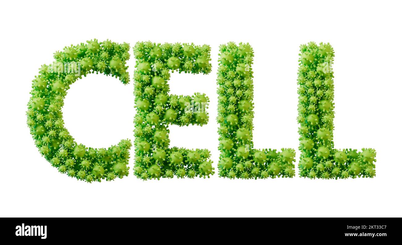Zellwort aus grüner Bakterienzellmolekül-Schrift. Gesundheit und Wohlbefinden. 3D-Rendering Stockfoto