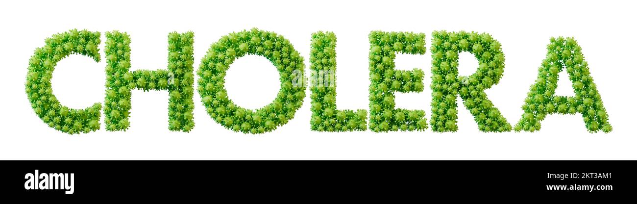 Cholera-Wort aus grüner Bakterienzellmolekül-Schrift. Gesundheit und Wohlbefinden. 3D-Rendering Stockfoto