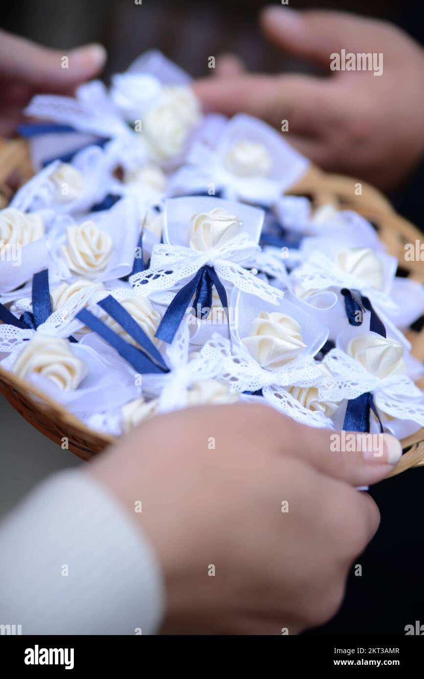 Hochzeitsfedern mit Rosen, bevor sie die Anzüge anheften Stockfoto