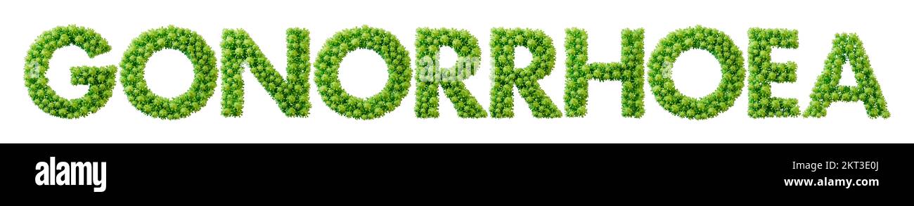 Gonorrhoe-Wort aus grüner Bakterienzellmolekül-Schrift. Gesundheit und Wohlbefinden. 3D-Rendering Stockfoto