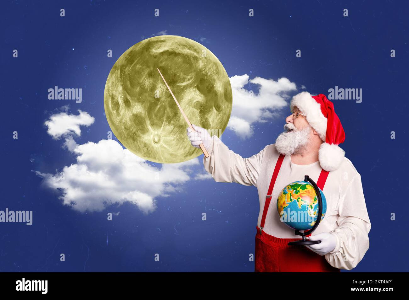 Weihnachtsposter-Collage des Senior-weihnachtsmann-Lehrers, in der Neujahrsgeschenke überreicht werden Abendstunde Hintergrund zeichnen Stockfoto