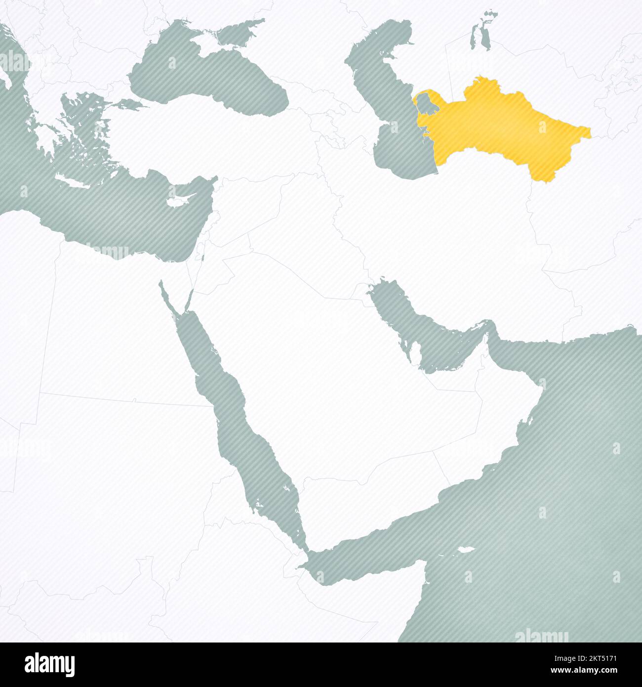 Turkmenistan auf der Karte des Nahen Ostens (Westasien) mit sanft gestreiftem Vintage-Hintergrund. Stockfoto