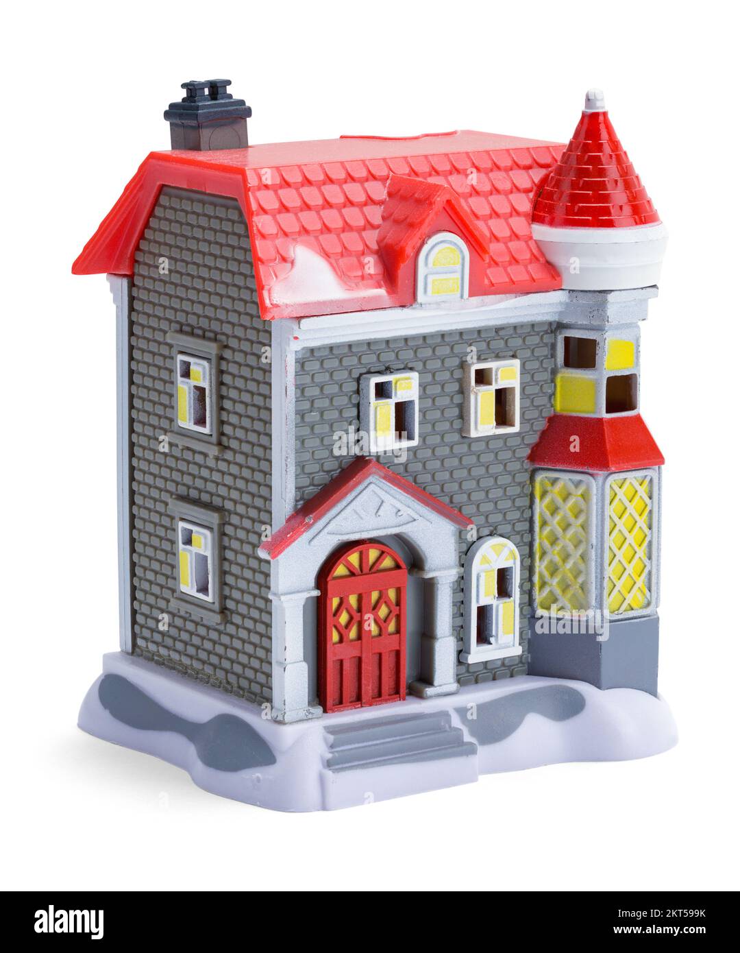 Plastik Toy Town House Model ausgeschnitten in Weiß. Stockfoto