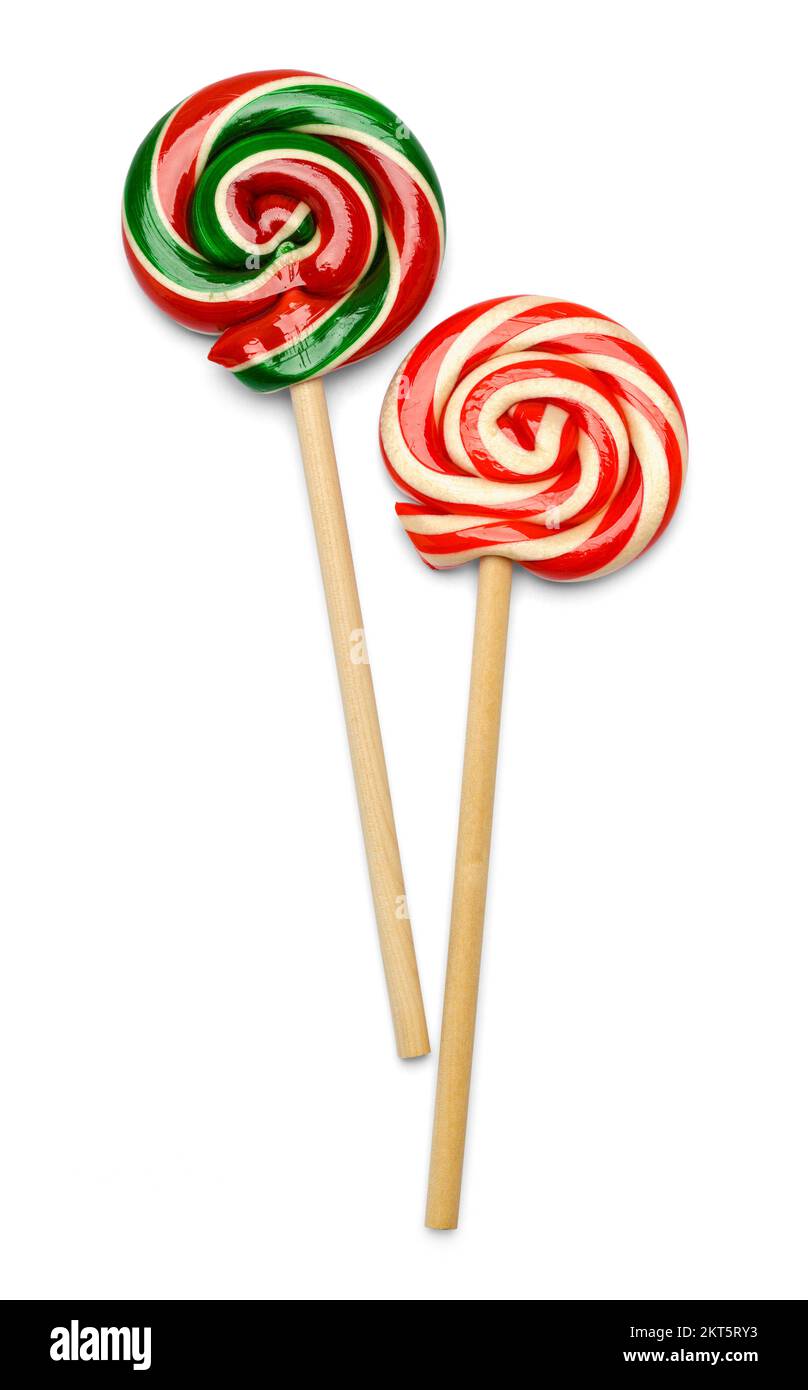 Zwei Spiral Pfefferminz Lollipop Candy Canes, ausgeschnitten auf Weiß. Stockfoto